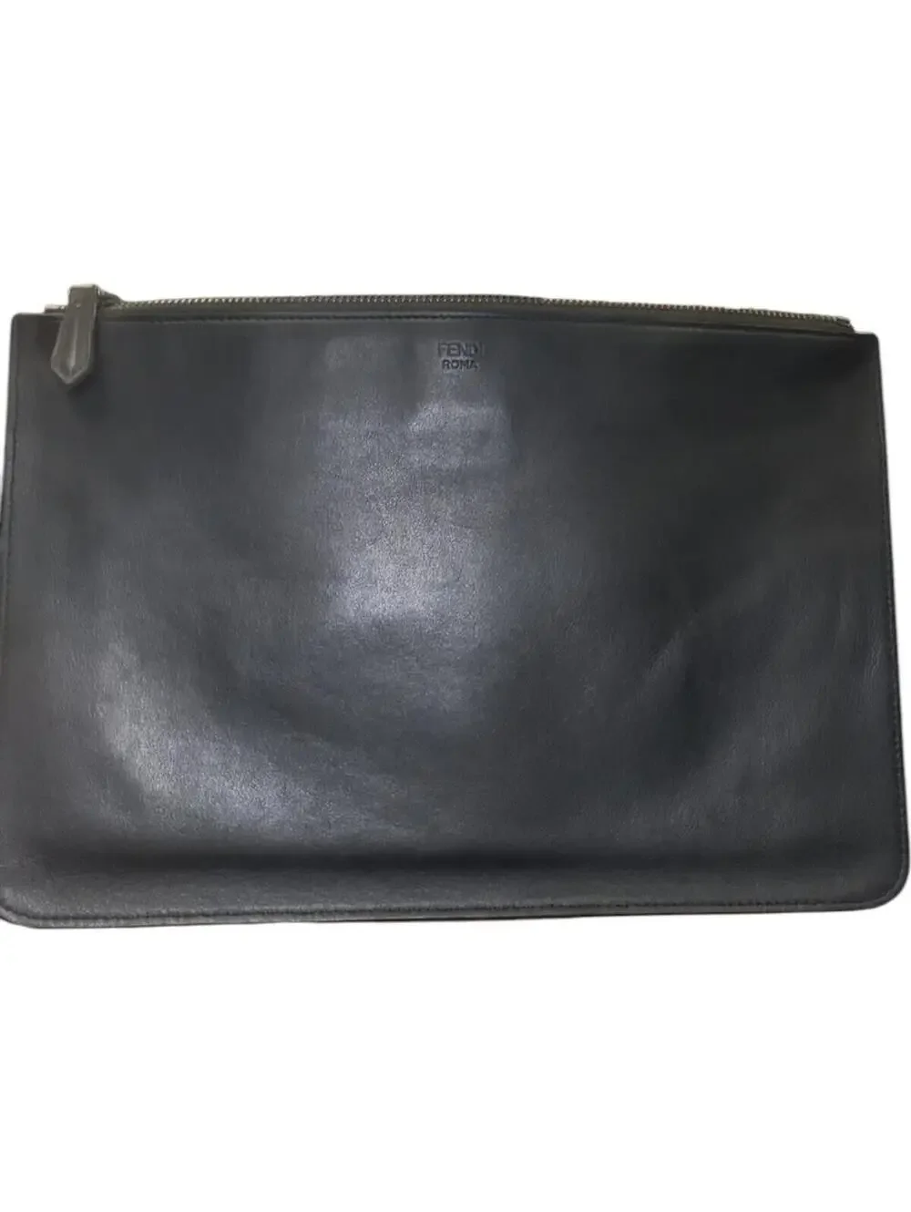 Fendi Black Leather Clutch Bag with Silver and Gray Eye Detail